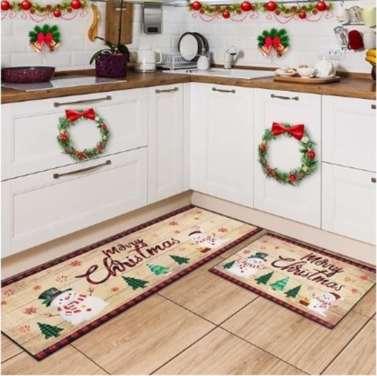 Snowman Kitchen Rugs - Set of 2 Kitchen Mats Merry Christmas Non-Slip Kitchen Backing Area Rugs Indoor Floor Mats Christmas Door Mat Runner Rug Carpet Home Decor